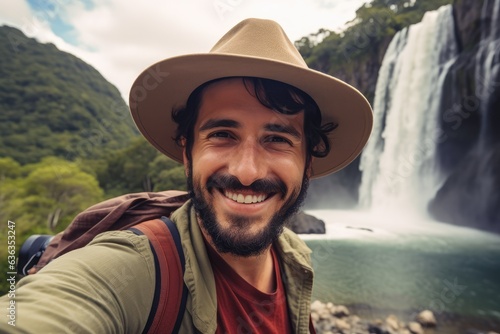 Happy Tourist taking a Selfie Infront of a Waterfall - AI Generated