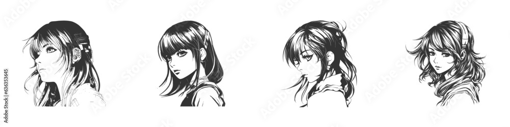 black and white beautiful anime girl. Vector illustration.