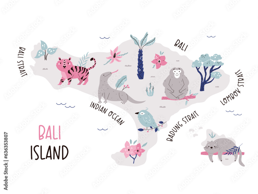 Bali hand drawn map with funny animals. Cartoon illustration of Indonesian island. Travel poster, postcard, banner