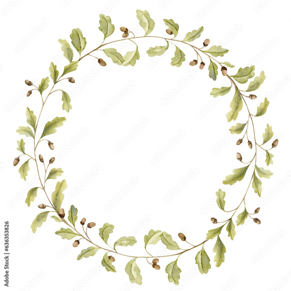 Oak branch Wreath. Hand drawn watercolor illustration of round Frame with acorns and green leaves on white isolated background. Circular border with forest foliage for icon, logo or greeting cards. Oak branch Wreath. Hand drawn watercolor illustration of round Frame with acorns and green leaves on white isolated background. Circular border with forest foliage for icon, logo or greeting cards.