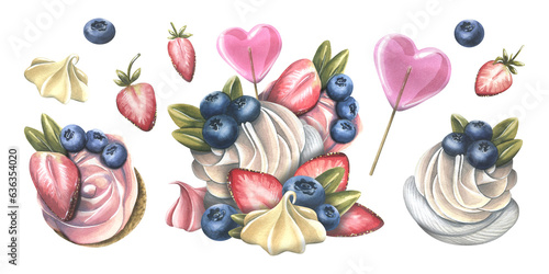 Cake  cupcakes with cream blueberries and strawberries  with a heart-shaped lollipop and meringues. Watercolor illustration hand drawn. Set of isolated elements on a white background.