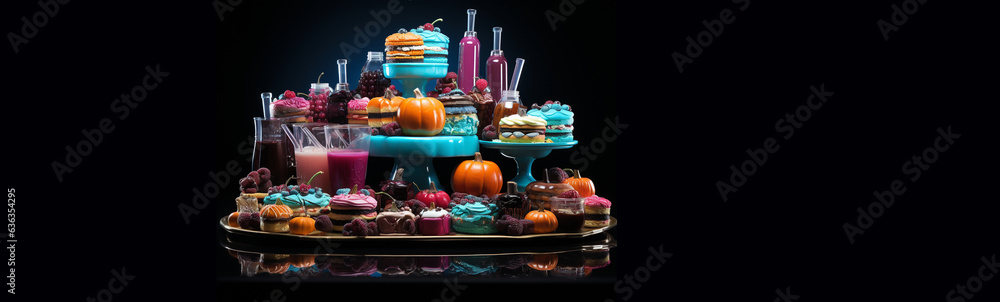 Einzigartige süße Leckereien aus der Bäckerei mit Krapfen und Kuchen zu Halloween schön dekoriert als Querformat für Banner, ai generativ