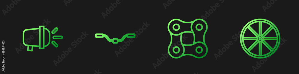 Set line Bicycle chain, head lamp, handlebar and wheel. Gradient color icons. Vector Set line Bicycle chain, head lamp, handlebar and wheel. Gradient color icons. Vector
