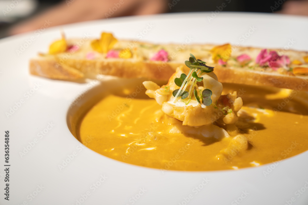 Close up to Garlic Bread with Creamy TomYamKung Soup on white dish in studio light, decorated with flower petal on it. Close up to Garlic Bread with Creamy TomYamKung Soup on white dish in studio light, decorated with flower petal on it.