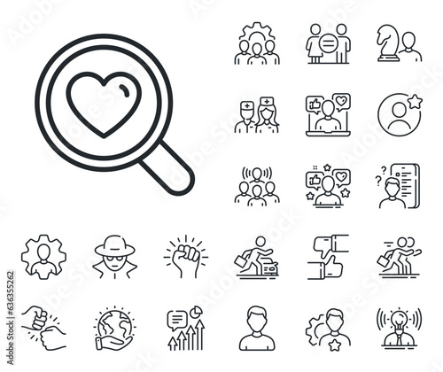 Search relationships sign. Specialist, doctor and job competition outline icons. Love dating line icon. Valentines day symbol. Search love line sign. Avatar placeholder, spy headshot icon. Vector