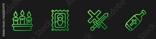 Set line Crusade, Burning candle in candlestick, Christian icon and Holy water bottle. Gradient color icons. Vector