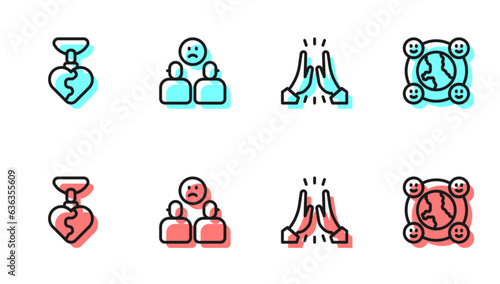 Set line Informal greeting, Necklace with heart shaped, Complicated relationship and International community icon. Vector