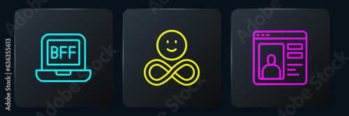 Set line BFF or best friends forever, Dating app online and Friends. Black square button. Vector