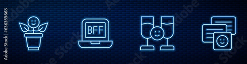 Set line Friends drinking alcohol, BFF or best friends forever, and Chat messages on laptop. Glowing neon icon on brick wall. Vector