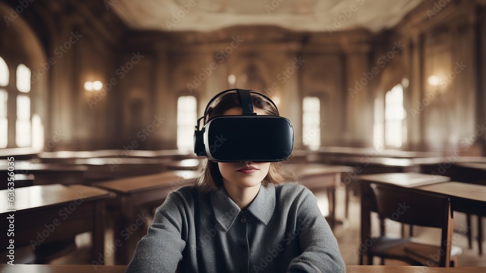 A young girl student learning with the help of virtual reality goggles at the institute A young girl student learning with the help of virtual reality goggles at the institute