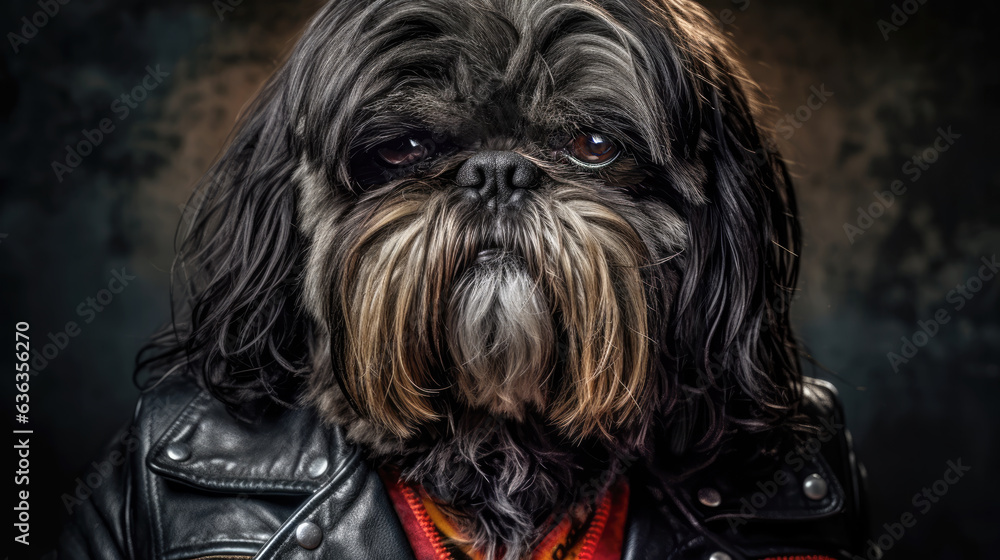 Portrait of Shihtzu dog in the clothes of a street motorbiker. A badass Shih tzu Dog hairy wearing a leather jacket. Generative Ai