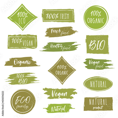 Fresh healthy organic vegan food logo labels and tags. Vector hand drawn illustration. Eco green logo. Natural, eco friendly, not gmo, organic gluten free stickers.