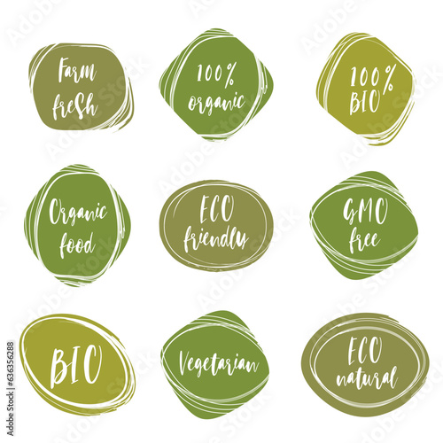 Eco, bio, vegan food stickers template, logo with leaves for organic and eco friendly products. Eco stickers for labeling package, food, cosmetics. Hand drawn style.