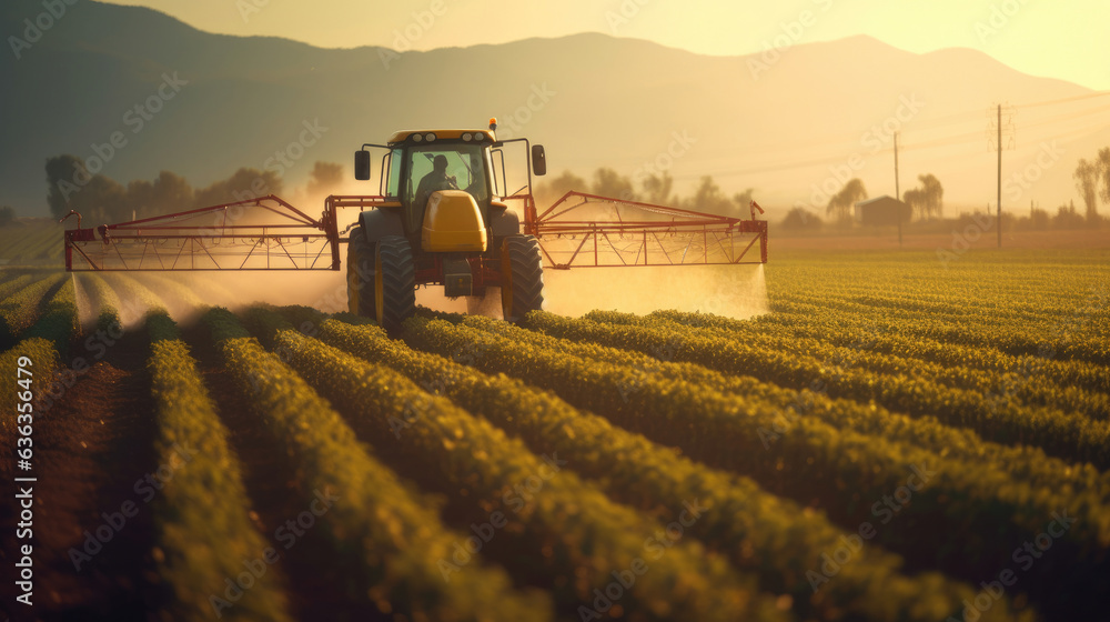 A Tractor Spraying Pesticides on Green Soybean Plantation at Sunset. Tractor Spraying Pesticides. Generative Ai A Tractor Spraying Pesticides on Green Soybean Plantation at Sunset. Tractor Spraying Pesticides. Generative Ai