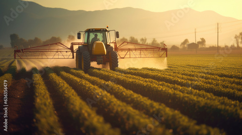 A Tractor Spraying Pesticides on Green Soybean Plantation at Sunset. Tractor Spraying Pesticides. Generative Ai