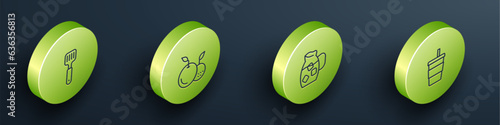 Set Isometric line Spatula, Fruit, Jug glass with water and Paper icon. Vector