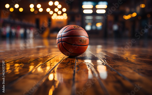 Basketball on wooden floor with stadium background © kitti