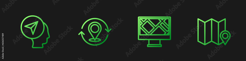 Set line Monitor with map location, Map marker human, pin and Folded. Gradient color icons. Vector Set line Monitor with map location, Map marker human, pin and Folded. Gradient color icons. Vector