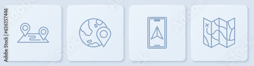 Set line Route location, City map navigation, Location the globe and Folded. White square button. Vector