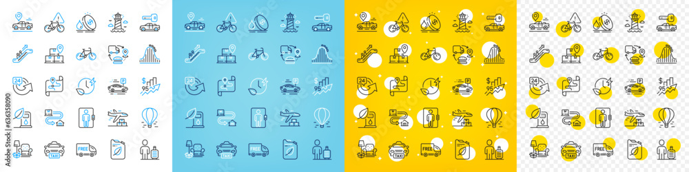 Vector icons set of Car parking, Packing things and Rise price line icons pack for web with Lighthouse, Charging time, Roller coaster outline icon. Car key, 24 hours, Free delivery pictogram. Vector Vector icons set of Car parking, Packing things and Rise price line icons pack for web with Lighthouse, Charging time, Roller coaster outline icon. Car key, 24 hours, Free delivery pictogram. Vector
