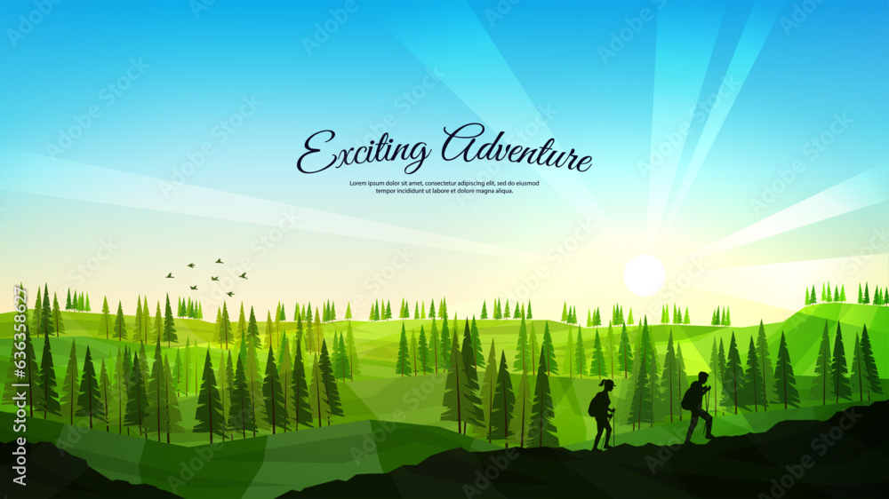 Vector illustration. Travelers walk. Travel concept of discovering, exploring and observing nature. Hiking. Adventure tourism. Couple walking with backpack and travel sticks. Website template. Nature