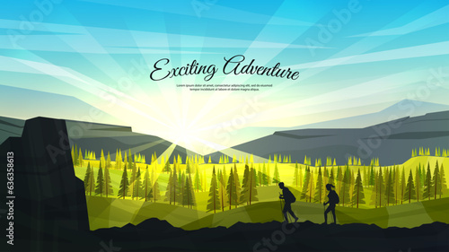 Vector illustration. Travelers walk. Travel concept of discovering, exploring and observing nature. Hiking. Adventure tourism. Couple walking with backpack and travel sticks. Website template. Nature
