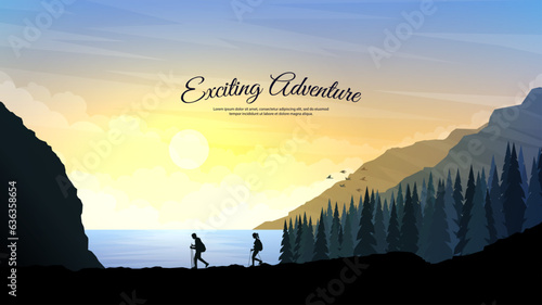 Vector illustration. Travel concept of discovering, exploring and observing nature. Hiking. Adventure tourism. Travellers couple are walking with backpack and travel sticks. Website template, web page