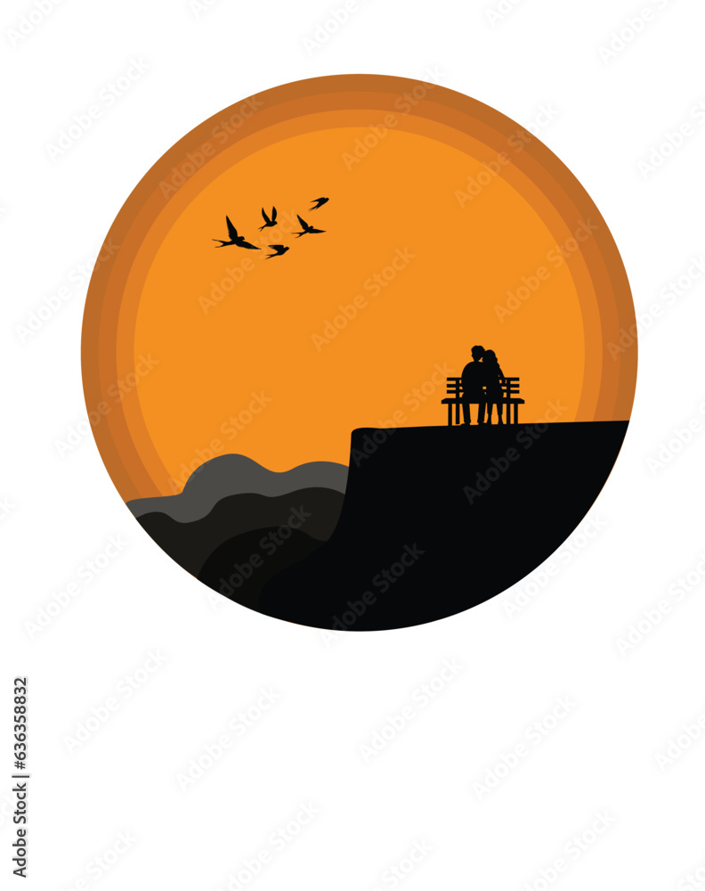 Romantic Evening Stroll: Couple Silhouette on Bench, Vector Illustration