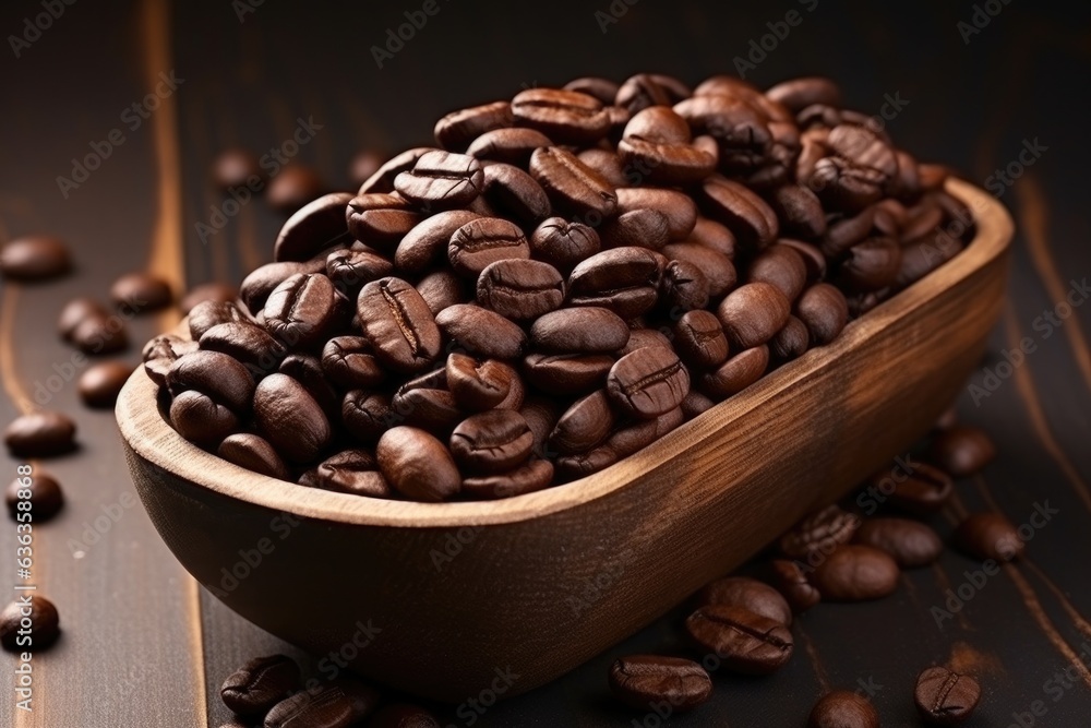 Roasted coffee beans in wooden container box on wooden table background Roasted coffee beans in wooden container box on wooden table background