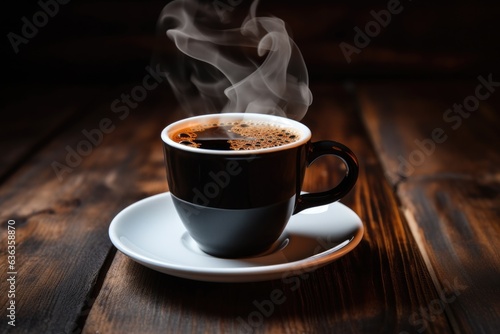 Cup of steaming hot coffee on wooden table at kitchen