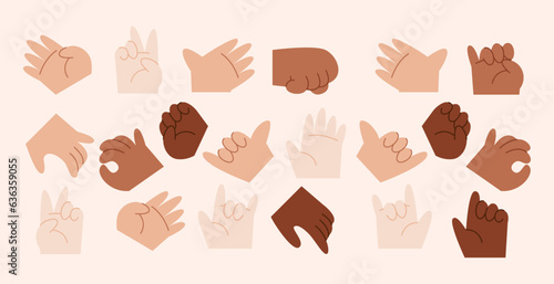 Diversidad de manos. Dedos y gestos con la mano. Puño cerrado. Mano señalando o indicando.