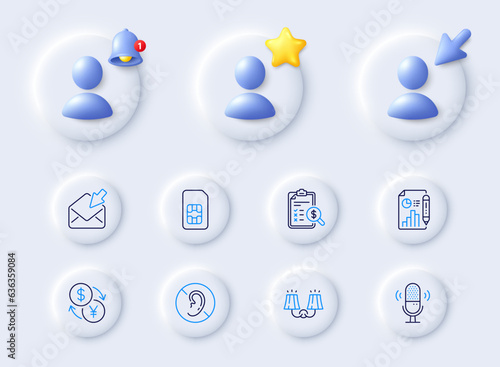 Accounting report, Sconce light and Report document line icons. Placeholder with 3d cursor, bell, star. Pack of No hearing, Open mail, Sim card icon. Microphone, Currency exchange pictogram. Vector