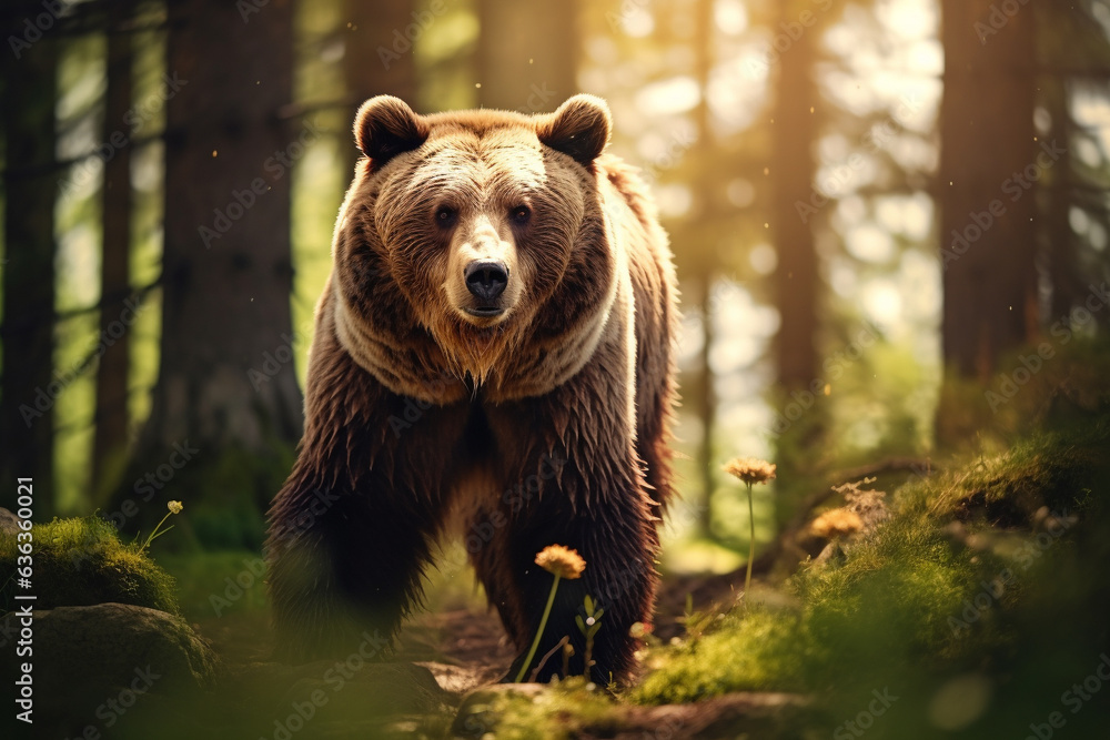 Urso cinzento na floresta verde - Papel de parede