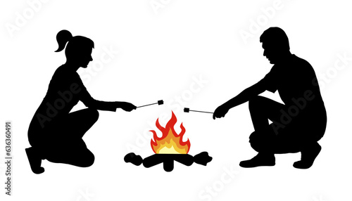 Silhouette of man with woman frying marshmallow on bonfire. Camping. Vector illustration