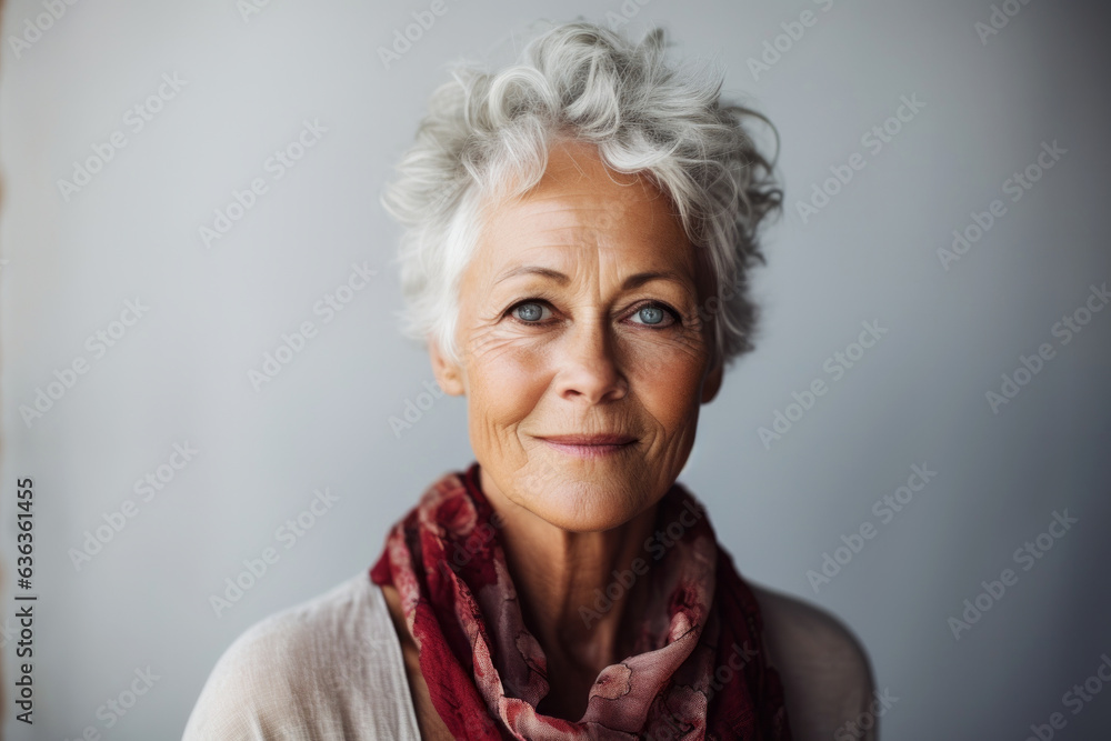 Modern active adult woman portrait in age of 60s on light grey background. Diverse age concept Modern active adult woman portrait in age of 60s on light grey background. Diverse age concept