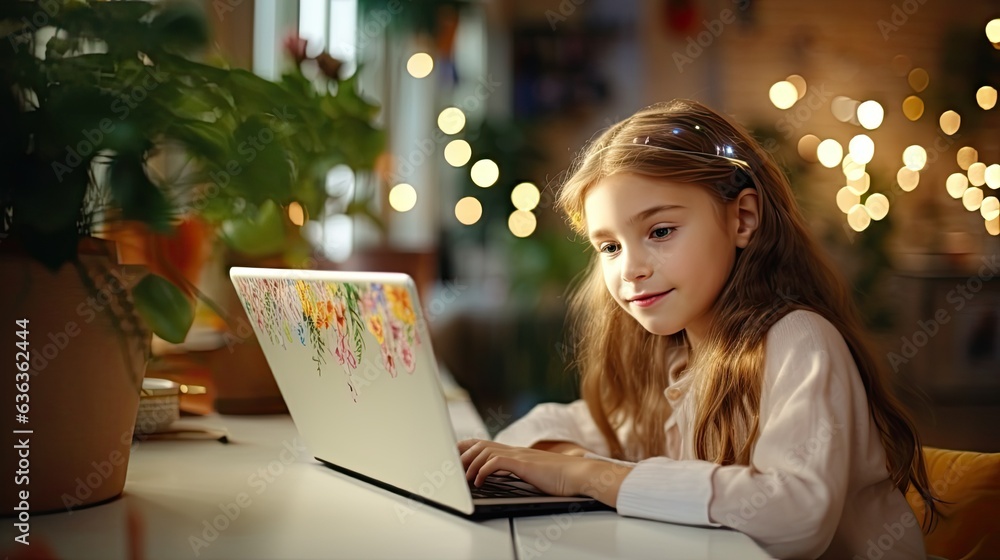 little girl using a laptop at home - online education concept (Generative AI) little girl using a laptop at home - online education concept (Generative AI)