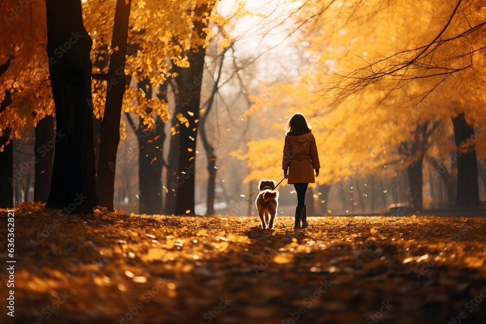 Evening walk of a woman with a dog in the autumn park - obrazy, fototapety, plakaty 
