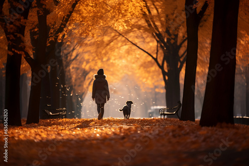 Evening walk of a girl with a dog in the autumn park. Generative AI