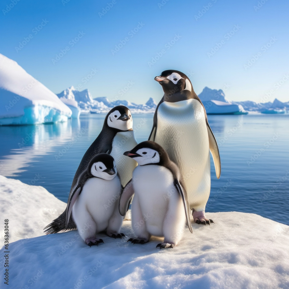 Fototapeta premium Cute pinquins standing on ice (AI Generated)