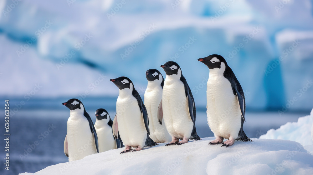 Fotografie Cute pinquins standing on ice (AI Generated)