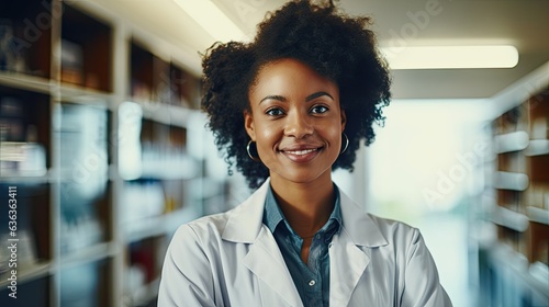 portrait of an afro american female pharmacist standing in front of shelfs with medication (Generative AI)