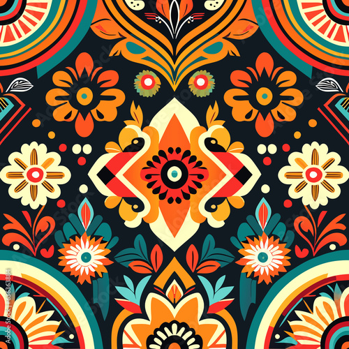 Ethnic floral seamless pattern. Abstract kaleidoscope fabric design texture © wannasak