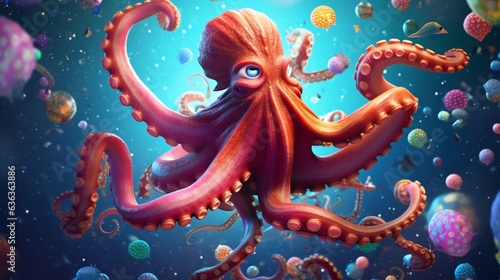 An octopus holding a full of planets while swimmin.Generative AI