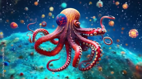 An octopus holding a full of planets while swimmin.Generative AI © sudipdesign
