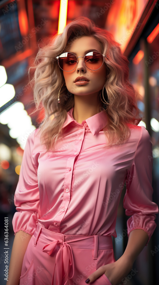 In the embrace of a futuristic city, a girl's pink ensemble and confident demeanor merge seamlessly, creating an iconic urban portrait.