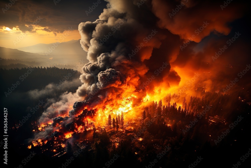 Captured from above, a sprawling forest fire showcases the relentless power of nature's fiery temperament.