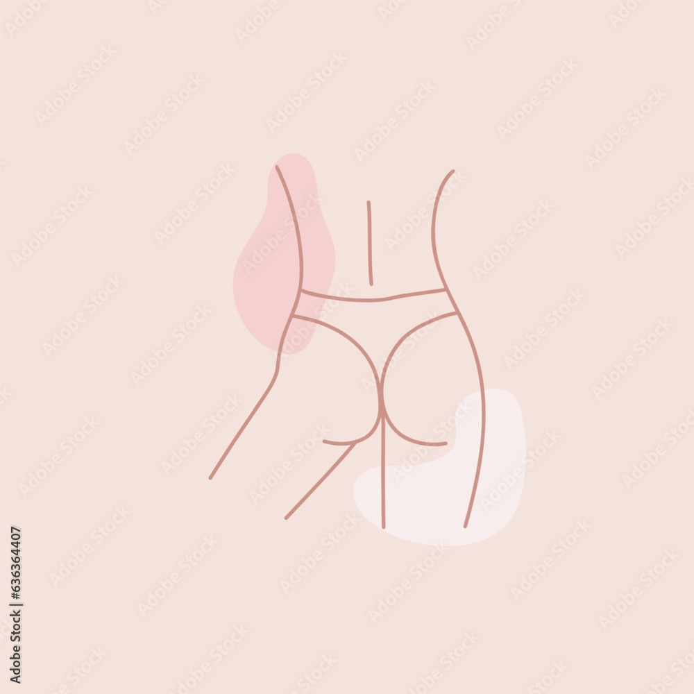 Woman bum, buttocks. Female outline booty in swimsuit or underwear. Hand drawn pastel pink minimal illustration. Sexy skin character in bikini and panties. Cards or posters. Vector isolated line set