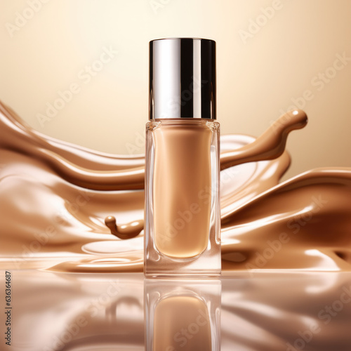 beige foundation background liquid texture creamy splash swirl make up cosmetic bottle beauty mockup minimal banner with copy space 3d render abstract brown background