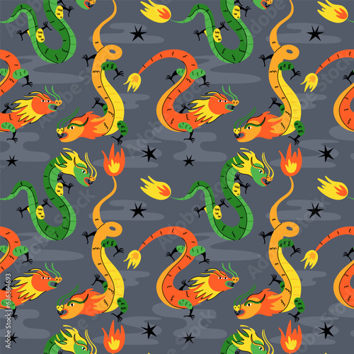 Chinese dragon pattern. Modern colorful traditional New Year zodiac animal  seamless background  2024 Horoscope. Asian lunar calendar trendy decor textile  wrapping  wallpaper  vector illustration