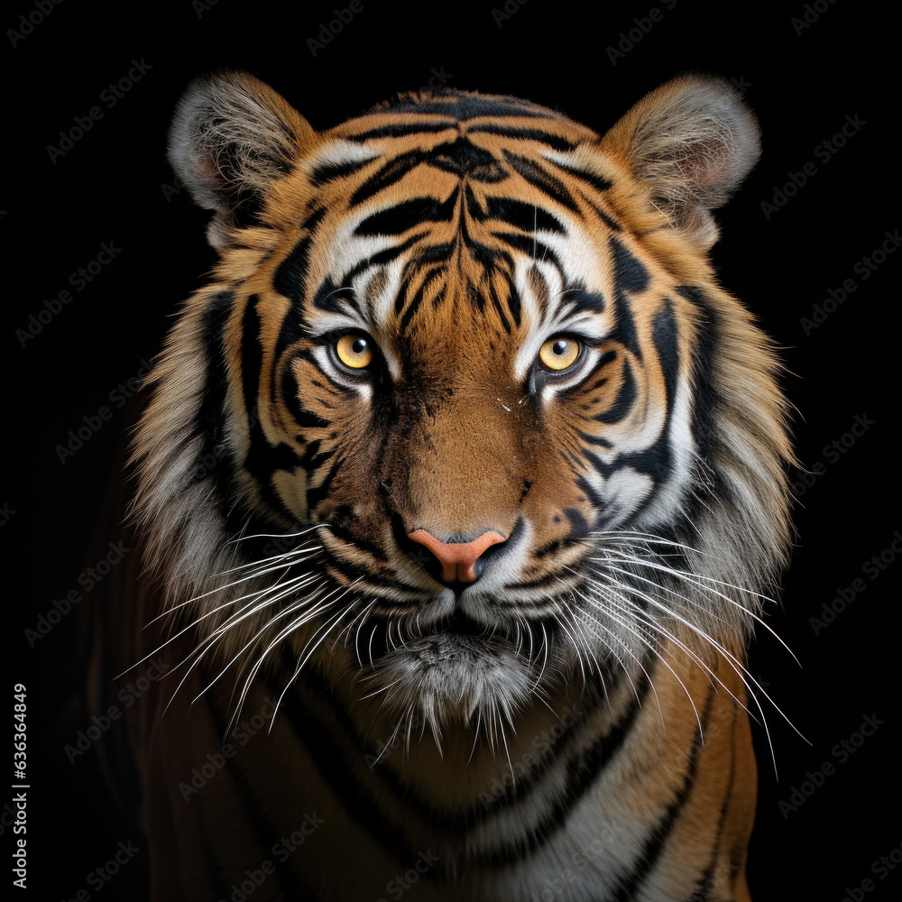 Fototapeta premium Beautiful tiger in front of a black background (AI Generated)